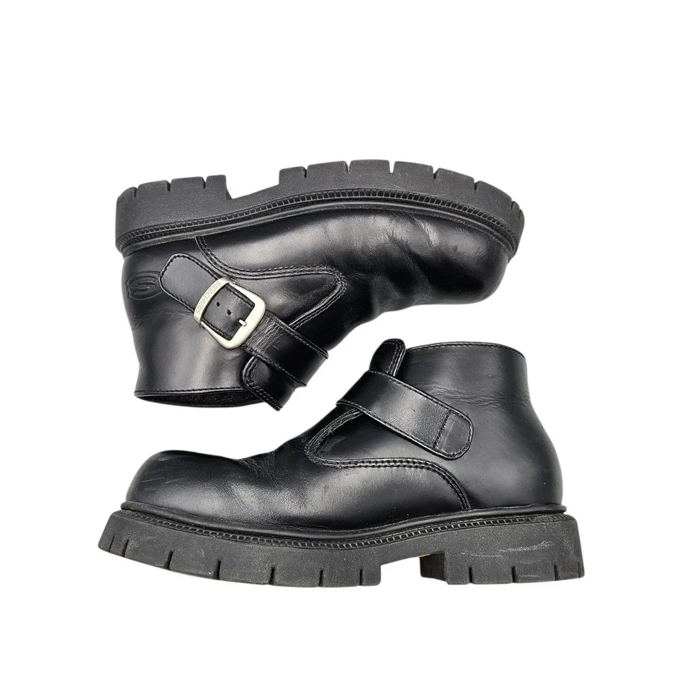 Skechers Men's Size 9 US VGC Black Leather Y2K Chunky Buckle Strap Moto‎ Boots